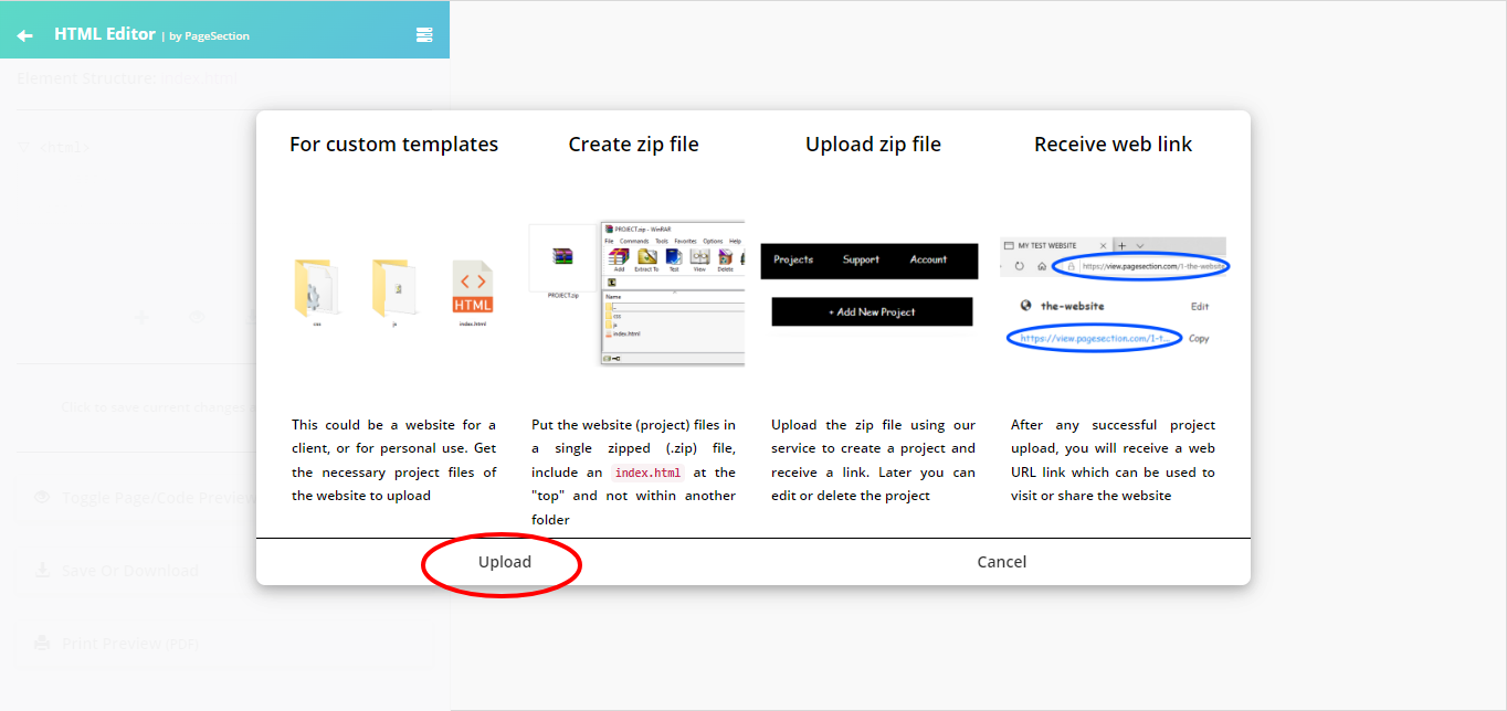 Screenshot showing how to upload and edit html online